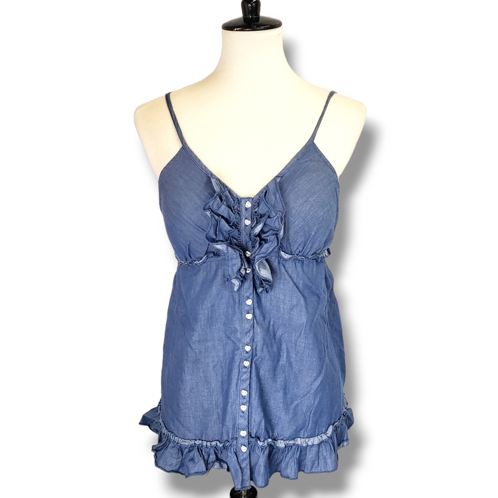 LEI Y2K Denim-Look Button-up Ruffle Tank Size XL
